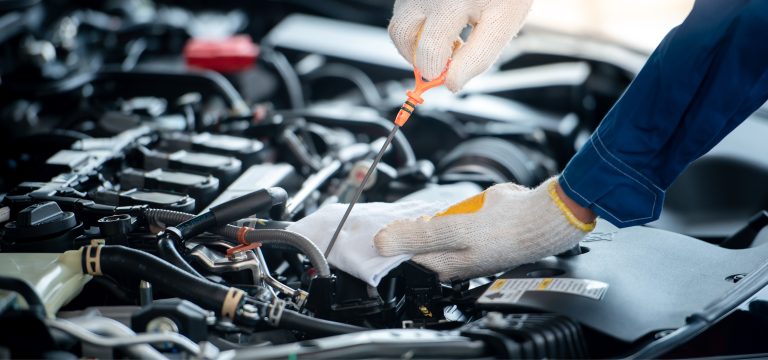 A mechanic checking the Oil on a fleet vehicle as part of Fleet Management servicing